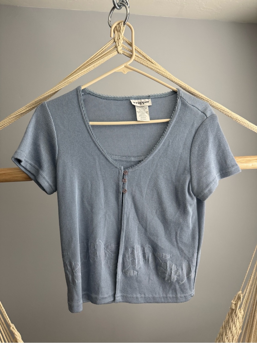 Wrapper Light Blue Ribbed Short Sleeve Scoop Neck Top with Button Detail